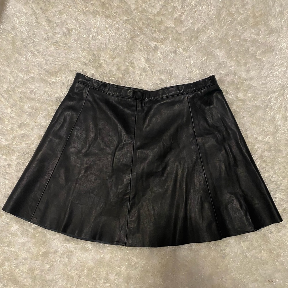 Real leather black short slight flare skirt